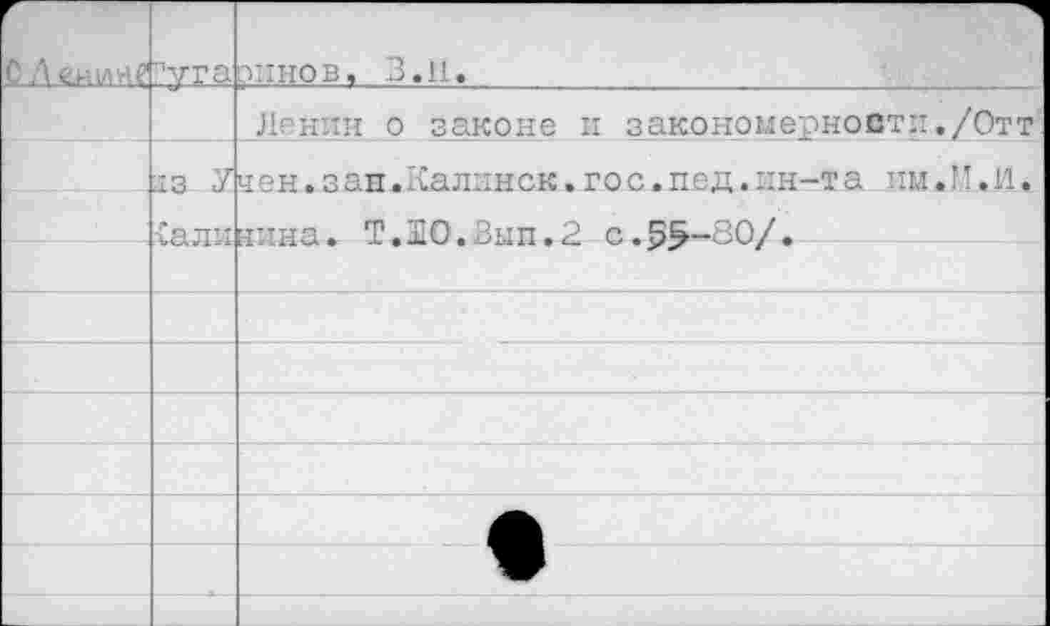 ﻿г С Л	пуга		 ЭННОВ, 3.11.
		Ленин о законе и закономерности./Отт
	КЗ У	аен. з ап.Калинок.гос.под.ин-та им.М.И.
	£али	тина. Т.Ю.Зып.2 с.5^-80/.
		
		
		
		
		•
		
		